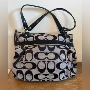Coach Poppy Signature Tote Bag Gray & Black with Pink C Outline